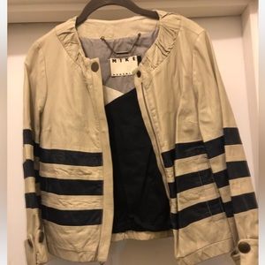 Mike Gonzalez cropped cream leather jacket with dark navy stripes, size small.